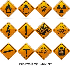 12 glossy hazard signs. The highlights are on one layer if a flat look is prefered. The signs have not been flattened and are broken up into layers for easy editing.