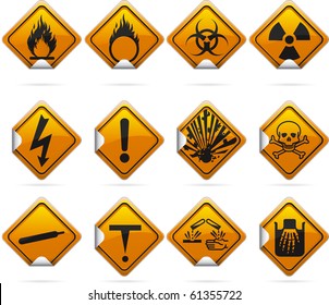 12 glossy hazard stickers. The highlights are on one layer if a flat look is prefered. The signs have not been flattened and are broken up into layers for easy editing.