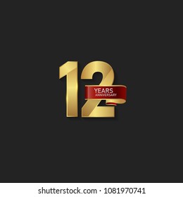 12 Gold anniversary celebration with red ribbon isolated on black background