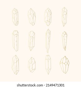12 golden crystals set. Simple mineral line icons. Hand drawn esoteric vector illustration.