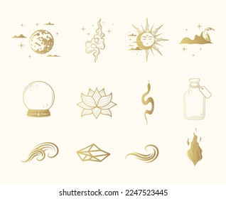 12 Golden  esoteric elements collection. Hand drawn isolated set of occult icons in boho style. Vector illustration for witchcraft, stickers and  magic shop.