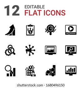 12 graph filled icons set isolated on white background. Icons set with growth, Business Planning, Marketing analytics, Search optimization, Advertising Networks, Video marketing icons.