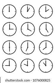 12 gray clock icons; time intervals of one hour; one, two, three, four, five, six, seven, eight, nine, ten, eleven, twelve; transparent background