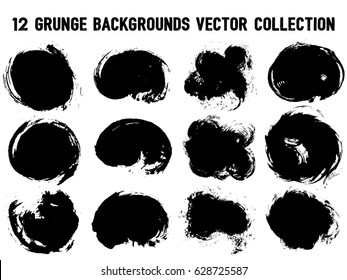 12 grunge backgrounds vector collection. Set of black grungy brush strokes isolated on white. Abstract ink painted texture, design elements. Grunge vector backgrounds, textured brushes, strokes.