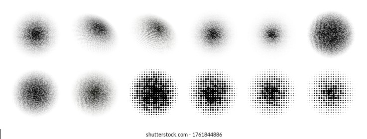 12 Halftone Circle BIG Set. Popart grange clipart. Abstract round halftone circle vector. Artistic artwork design of halftone circle dots on white background vector set.