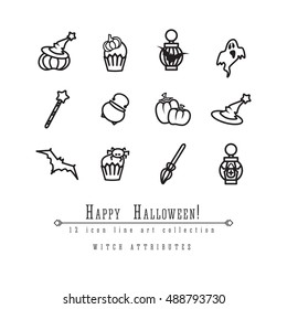 12 Halloween accessories and symbols vector outline icon set: pumpkins, magic wand, broom, ghost, bat, witch hat, cauldron, cupcakes and lamps. Simple tags for Halloween web design.