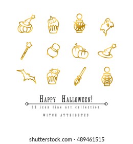 12 Halloween accessories and symbols vector outline icon set: pumpkins, magic wand, broom, ghost, bat, witch hat, cauldron, cupcakes and lamps. Simple tags for Halloween web design in gold color.
