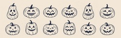 12 Halloween Pumpkin Icons Set. Vintage Funny Pumpkins Isolated On White Background. Monsters Faces. Design Elements For Logo, Badges, Banners, Labels, Posters. Vector Illustration