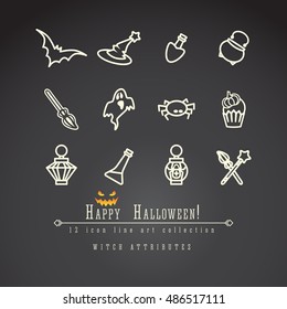12 Halloween witch attributes vector line icon set: magic wand, broom, ghost, bat, witch hat, cauldron, glass bulb, spider, cupcake and lamps. Simple icon for Halloween design in white color.