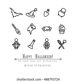 12 Halloween witch attributes vector line icon set: magic wand, broom, ghost, bat, witch hat, cauldron, glass bulb, spider, cupcake and lamps. Simple icon for Halloween design.