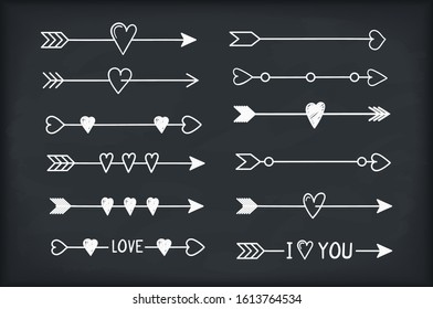 12 Hand drawn arrows with hearts, design elements for Valentine's day and wedding, vector eps10 illustration