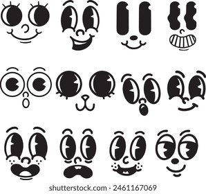 12 hand drawn faces of 80s 90s cartoon character face for mascot and characters design in eps