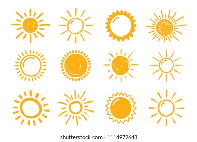 12 Hand drawn suns on white background, vector eps10 illustration