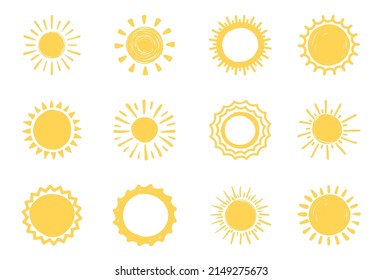 12 Hand drawn suns on white background, vector eps10 illustration