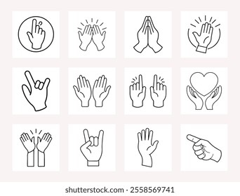 "12 Hand Gesture Line Art Icons - Praying, Pointing, Clapping, and Heart in Hands Vector Set"


