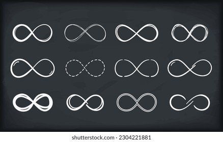 12 Handdrawn infinity symbols on dark background, vector eps10 illustration