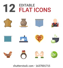 12 handmade flat icons set isolated on white background. Icons set with leather, Pottery, macrame, Knitting, Sewing, tailor, Toys making, handmade Jewelry, Handmade, crochet icons.