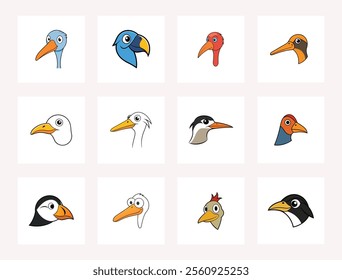 12 head cartoon bird collection vector illustration