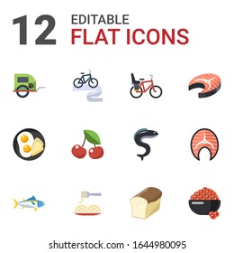 12 healthy flat icons set isolated on white background. Icons set with pet trailer, Bike tour, Bike Child seat, breakfast, cherry, fish steak, tuna, Pasta, bread, caviar icons.