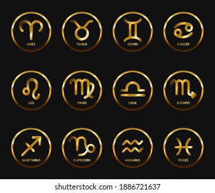 12 horoscope with gold Circle Astrology Icons on black background vector design. set