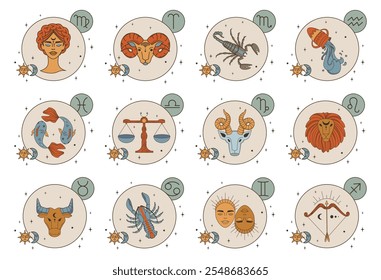 12 signos del horóscopo. Conjunto de tarjetas con signos del zodiaco. Estilo vintage de los Iniciar sesión del zodiaco astrológico. Ilustración vectorial plana, eps10