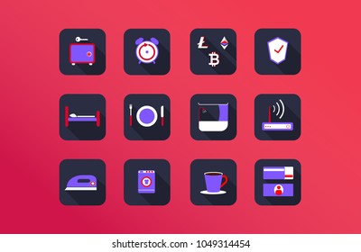 12 hostel or hotel service icons in red, white and violet colors with shadows on red background
