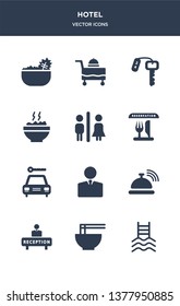 12 hotel vector icons such as pool, ramen, reception, reception bell, receptionist contains rent a car, reservation, restroom, rice, room key, room service icons