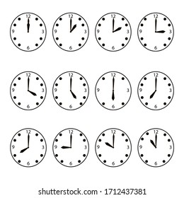 12 hour clock vector icon set, timepiece, simple lines