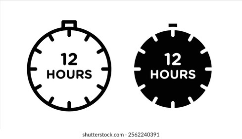 12 Hours clock Icon collection in filled and stroke style.