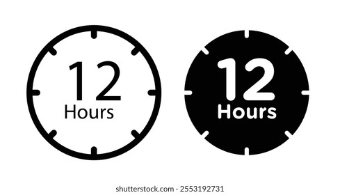 12 Hours clock Icon set in black filled and line.