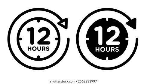 12 Hours clock Icons pack in outlined and flat versions