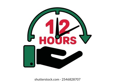 12 Hours Customer Support Icon with Clock and Hand Elements