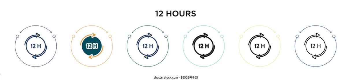Icono de 12 horas en el estilo relleno, delgado, contorno y trazo. Ilustración vectorial de dos iconos vectoriales de color y negro de 12 horas pueden utilizarse para móviles, ui, web