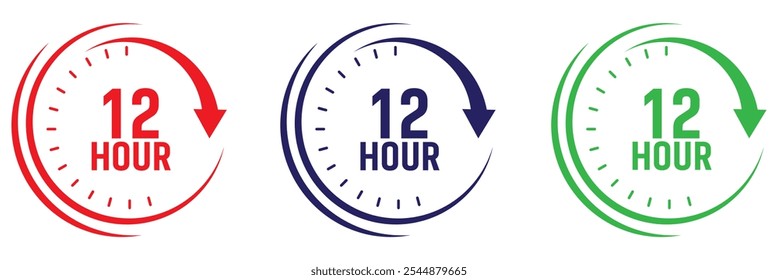 12 hours icon set. 12 hors duration symbol 12 hours service vector symbol. 12h service duration sign. 12 h discount offer icon set. fast 12hr support sign collection design eps 10