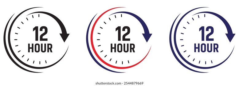 12 hours icon set. 12 hors duration symbol 12 hours service vector symbol. 12h service duration sign. 12 h discount offer icon set. fast 12hr support sign collection design eps 10