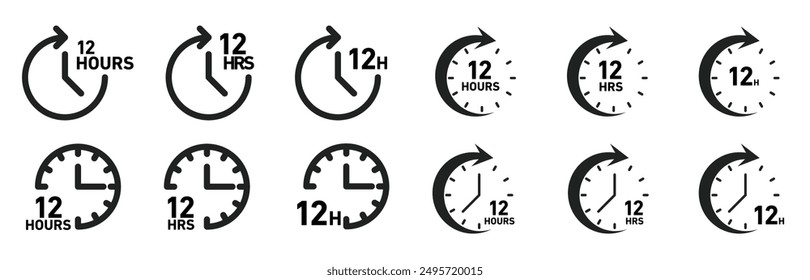 12 hours icon set. 12 hrs duration symbol. 