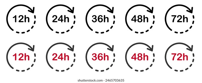 12 Stunden Symbol. Arbeitszeitsymbole. Lieferzeit 24h Vektorillustration. Editierbare Zeile. 48-Uhr-Pfeile Piktogramm.