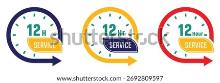 12 hours service icon set. 12 hours service duration sign. Twelve hour delivery clock icon graphic. 12 hours clock arrow icons,12 hr delivery time symbols. Shipping delivery symbol.