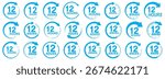 12 hours service icon vector set. Blue 12 hours clock arrow icons,12 hr delivery time symbols. Blue 12hr support sign collection. 12 hours symbol. 12hr servic icon. Shipping delivery symbol. 