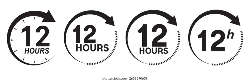 12 hours service icon vector set. 12 hours service duration sign. Set of black countdown timer icons for urgent delivery or sale. Vector Set of Hour Labels.