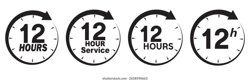 Conjunto de Vector de icono de servicio de 12 horas. Signo de duración del servicio de 12 horas. Conjunto de iconos de temporizador de cuenta regresiva negro para entrega urgente o venta. Vector Conjunto de etiquetas de hora.