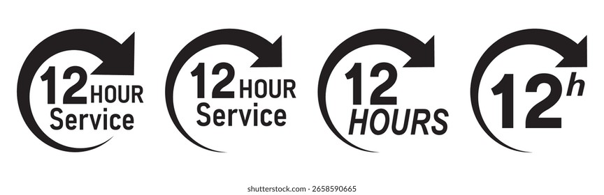 Conjunto de Vector de icono de servicio de 12 horas. Signo de duración del servicio de 12 horas. Conjunto de iconos de temporizador de cuenta regresiva negro para entrega urgente o venta. Vector Conjunto de etiquetas de hora.