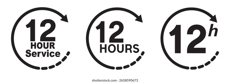 12 Stunden Service-Symbol, Vektorsatz. 12 Stunden Service-Dauer-Zeichen. Set von schwarzen Countdown Timer Icons für dringende Lieferung oder Verkauf. Vektorsatz von Stundenmarkierungen.