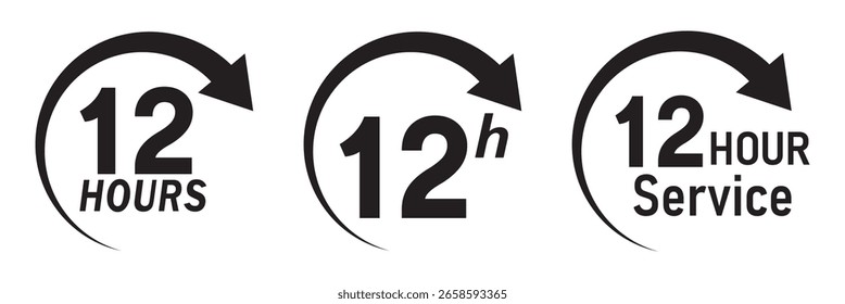 12 hours service icon vector set. 12 hours service duration sign. Vector Set of Hour Labels.  12 hours clock arrow icons, work and delivery time symbols.  12hr support sign collection.
