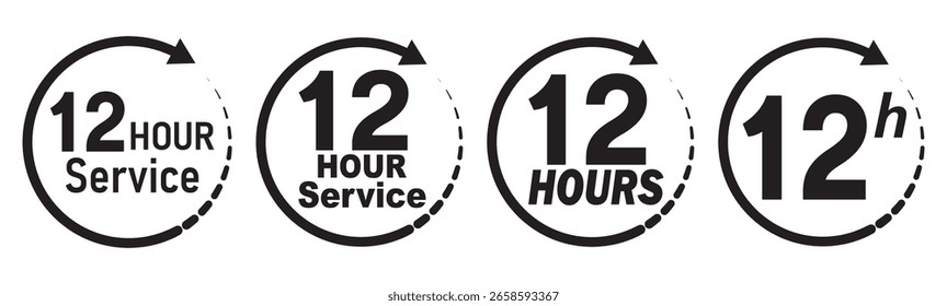 Conjunto de vetores de ícone de serviço de 12 horas. Sinal de duração do serviço de 12 horas. Rótulos de conjunto de horas vetorial.  Ícones de seta de relógio de 12 horas, símbolos de horário de trabalho e de entrega.  12 horas de coleta de sinais de suporte.