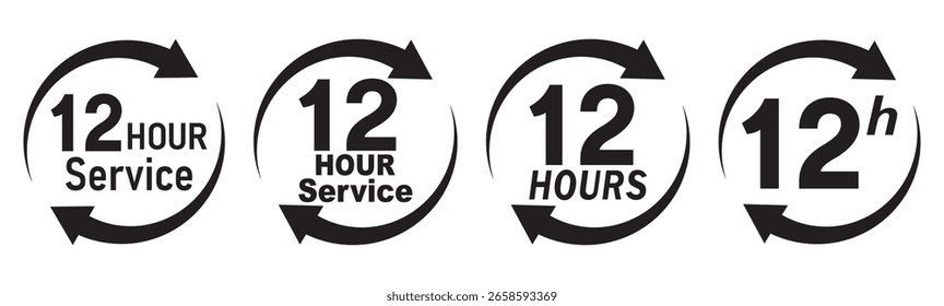 Conjunto de Vector de icono de servicio de 12 horas. Signo de duración del servicio de 12 horas. Vector Conjunto de etiquetas de hora.  Iconos de flecha de reloj de 12 horas, símbolos de tiempo de trabajo y entrega.  colección de signo de Asistencia de 12 horas.
