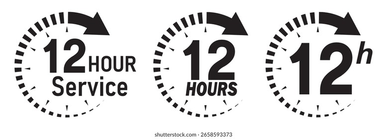 12 Stunden Service-Symbol, Vektorsatz. 12 Stunden Service-Dauer-Zeichen. Vektorsatz von Stundenmarkierungen.  12 Stunden Uhr Pfeilsymbole, Arbeit und Lieferzeit Symbole.  12-Stunden-Support-Zeichensammlung.