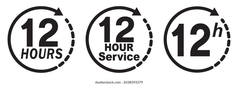 Conjunto de Vector de icono de servicio de 12 horas. Signo de duración del servicio de 12 horas. Vector Conjunto de etiquetas de hora.  Iconos de flecha de reloj de 12 horas, símbolos de tiempo de trabajo y entrega.  colección de signo de Asistencia de 12 horas.