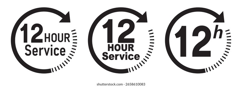 12 hours service icon vector set. 12 hours service duration sign. 12 hours clock arrow icons, work and delivery time symbols.  12hr support sign collection. hours clock arrow on white background.