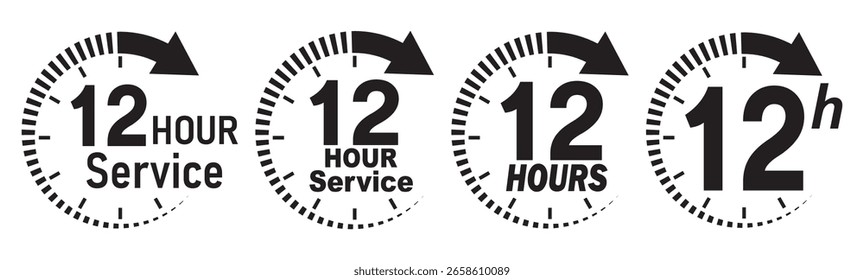 Conjunto de Vector de icono de servicio de 12 horas. Signo de duración del servicio de 12 horas. Iconos de flecha de reloj de 12 horas, símbolos de tiempo de trabajo y entrega.  Asistencia de 12hr signo de colección. horas flecha del reloj sobre fondo blanco.